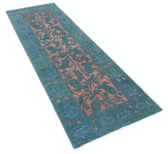 2.7x8.3 ft Hand Knotted Teal Blue, Blush Wool Runner Rug. Floral Corridor Rug