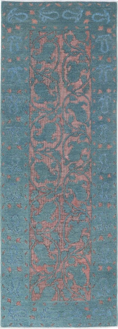 2.7x8.3 ft Hand Knotted Teal Blue, Blush Wool Runner Rug. Floral Corridor Rug
