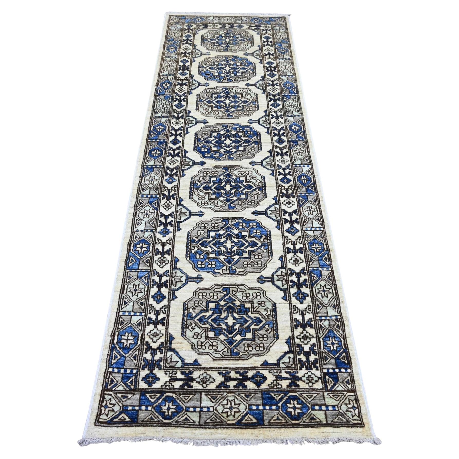 2'7"x8'3" Ivory Afghan Ersari Elephant Feet Design Hand Knotted Wool Runner Rug