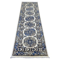 2'7"x8'3" Ivory Afghan Ersari Elephant Feet Design Hand Knotted Wool Runner Rug