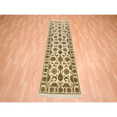 2'7"x8'3" White Rajasthan Leaf Design Hand Knotted Wool and Silk Runner Rug