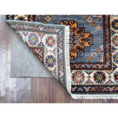2'7"x8'4" Gray Hand Knotted Super Kazak Medallions Runner All Wool Oriental Rug