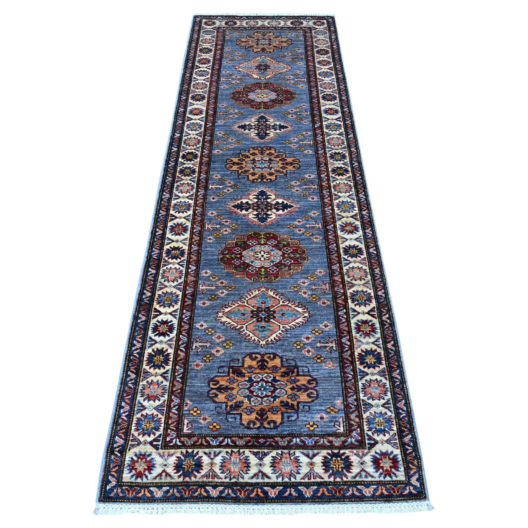 2'7"x8'4" Gray Hand Knotted Super Kazak Medallions Runner All Wool Oriental Rug