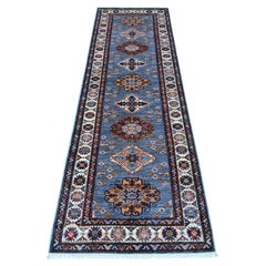 2'7"x8'4" Gray Hand Knotted Super Kazak Medallions Runner All Wool Oriental Rug