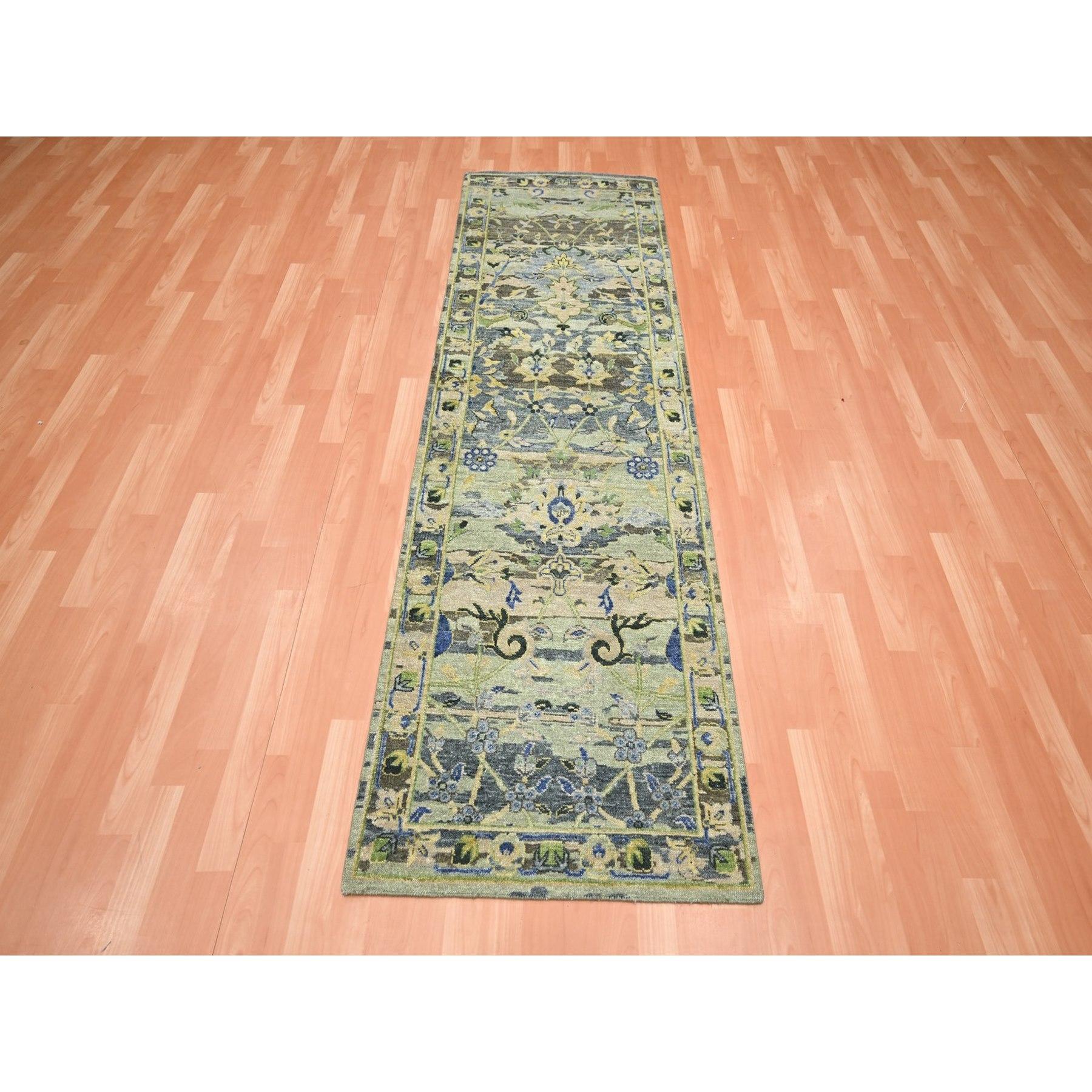 Artichoke Green, Broken and Erased Persian Inspired with Birds Design, Distinct Abrash, Shaved Low, Hand Knotted, Pure Wool, Runner, Oriental Rug
Primary materials: Wool
Latex: No Pile 
height: 0.25 Inches
Style: Transitional
Primary color: