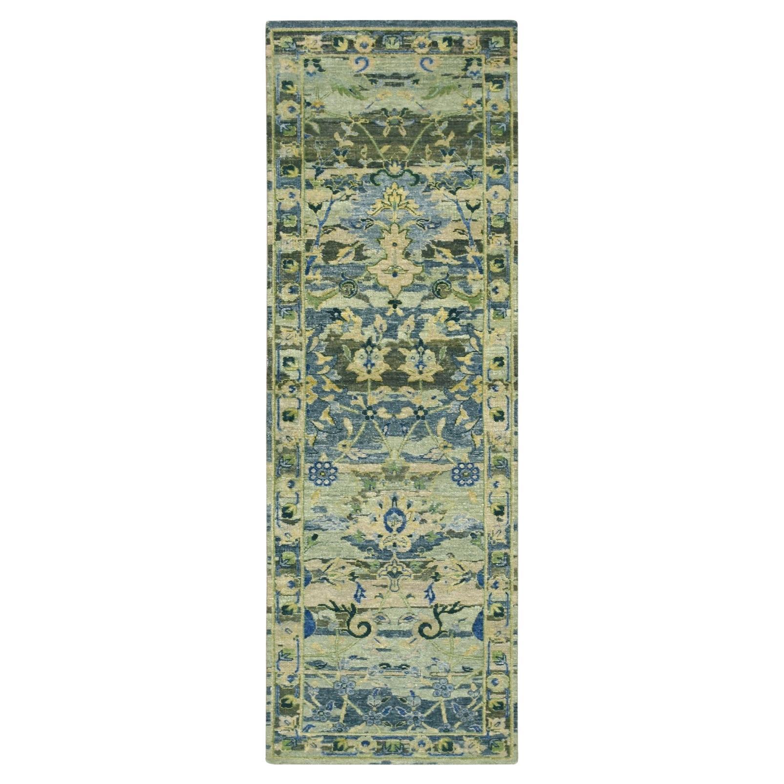 2'7"x8'4" Green Persian Inspired with Birds Design Hand Knotted Wool Runner Rug For Sale