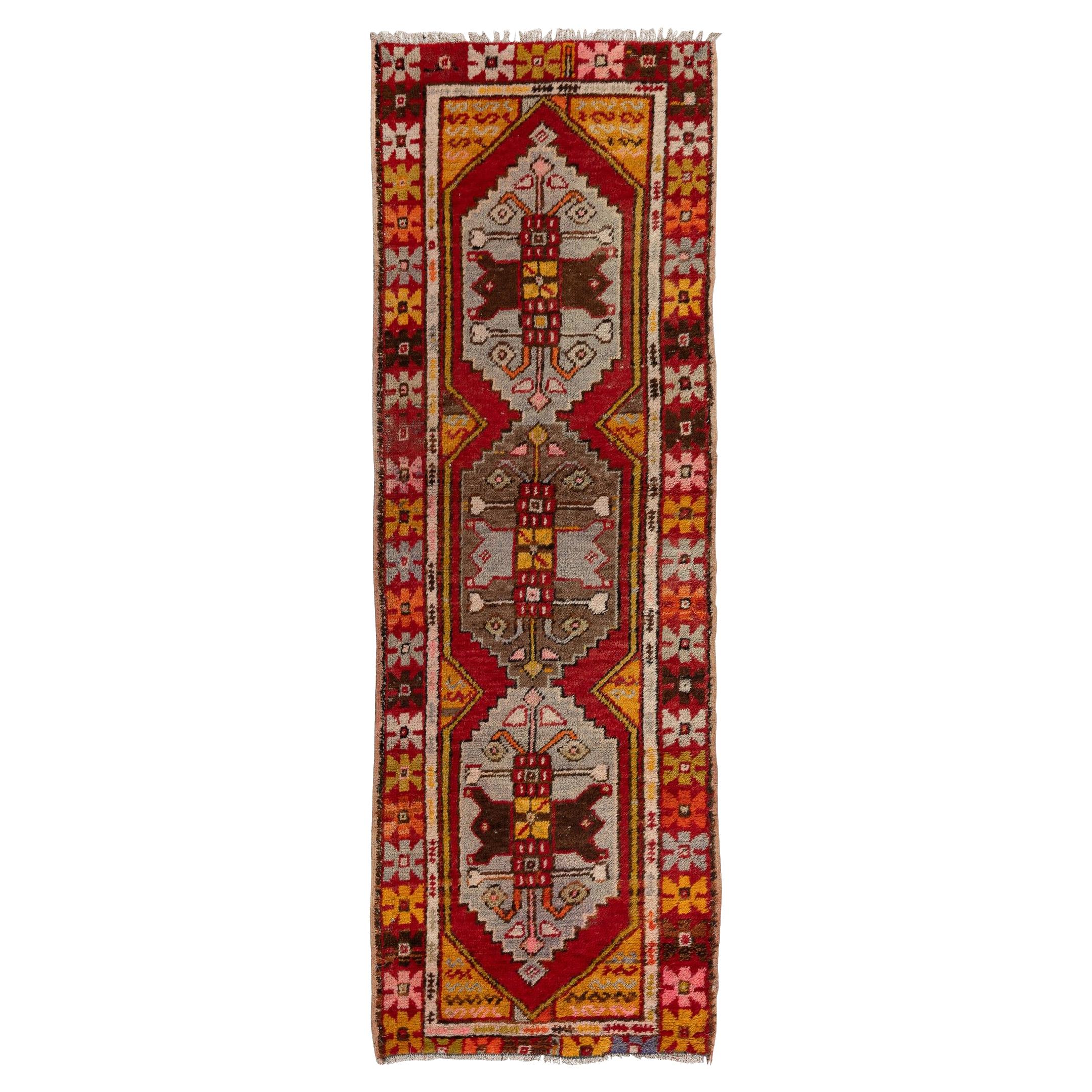 2.7x8.5 Ft Vintage Tribal Turkish Runner Rug in Red. Hand Made Corridor Carpet For Sale