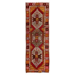 2.7x8.5 Ft Retro Tribal Turkish Runner Rug in Red. Hand Made Corridor Carpet