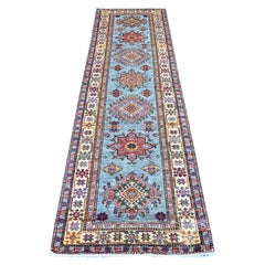 2'7"x8'6" Blue Afghan Super Kazak Medallions Design Hand Knotted Wool Runner Rug