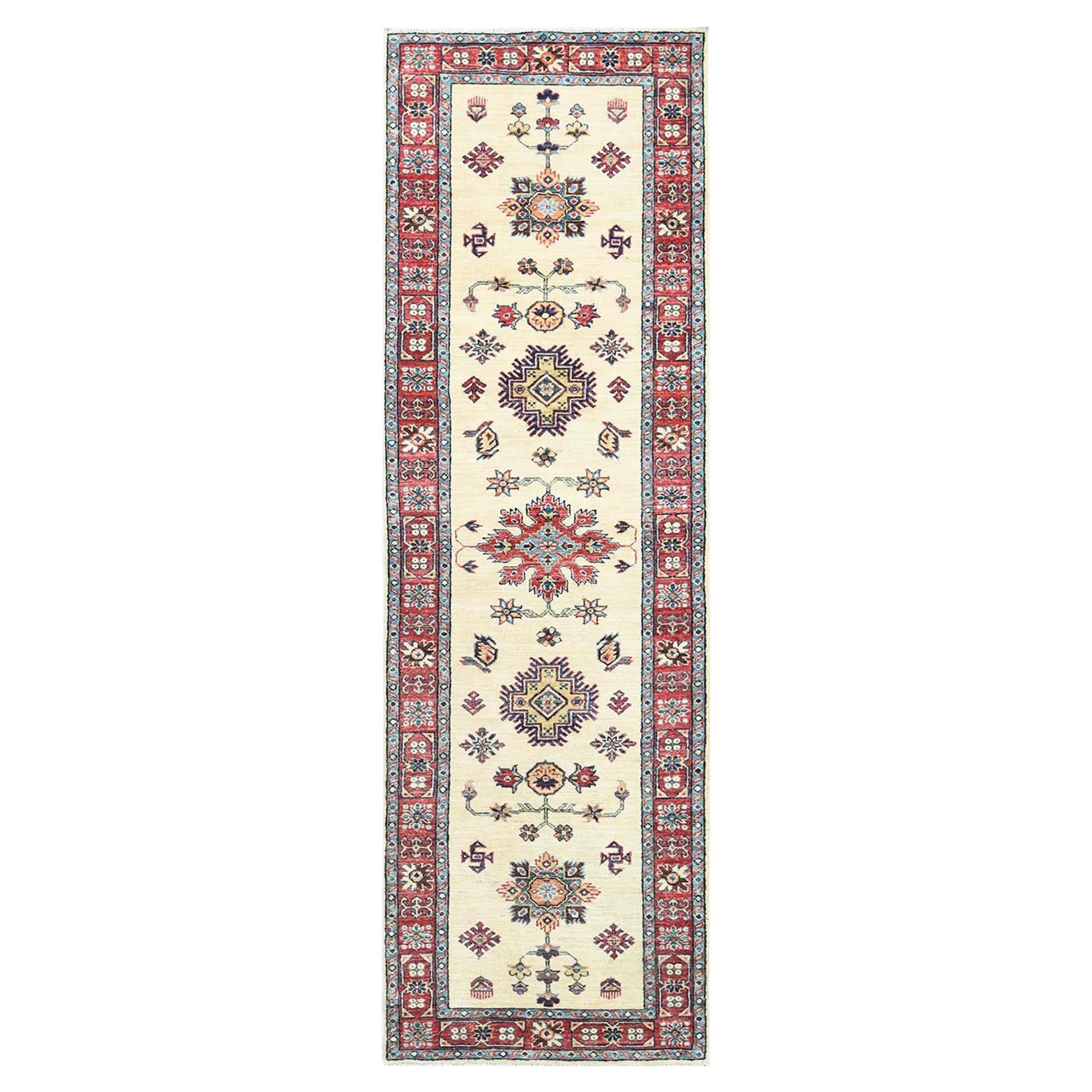 2'7"x8'6" Ivory, Soft Wool, Hand Knotted Afghan Super Kazak Runner Rug