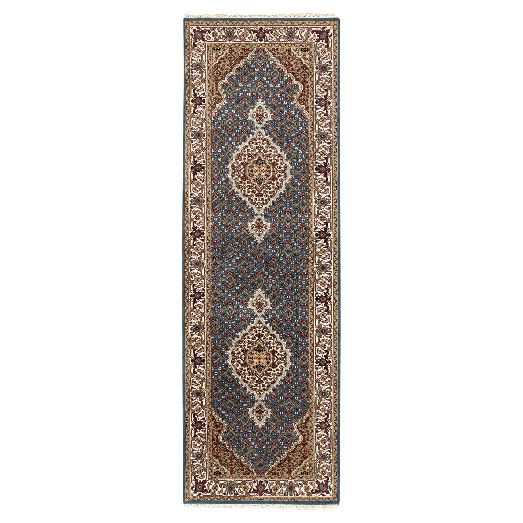 2'7"x8'7" Blue Hand Knotted Fish Design Tabriz Mahi Wool And Silk Oriental Rug For Sale