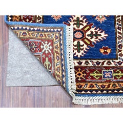 2'7"x8'7" Soft Wool Denim Blue Super Kazak With Tribal Design Hand Knotted Rug