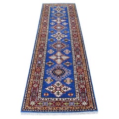 2
7 "x8
7" Weiche Wolle Denim Blau Super Kazak Mit Tribal Design Hand geknüpft Teppich