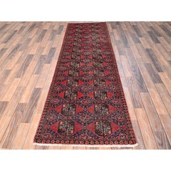 2'7"x9' Red Vintage Turkoman Washed 100% Wool Hand Knotted Worn Out Runner Rug