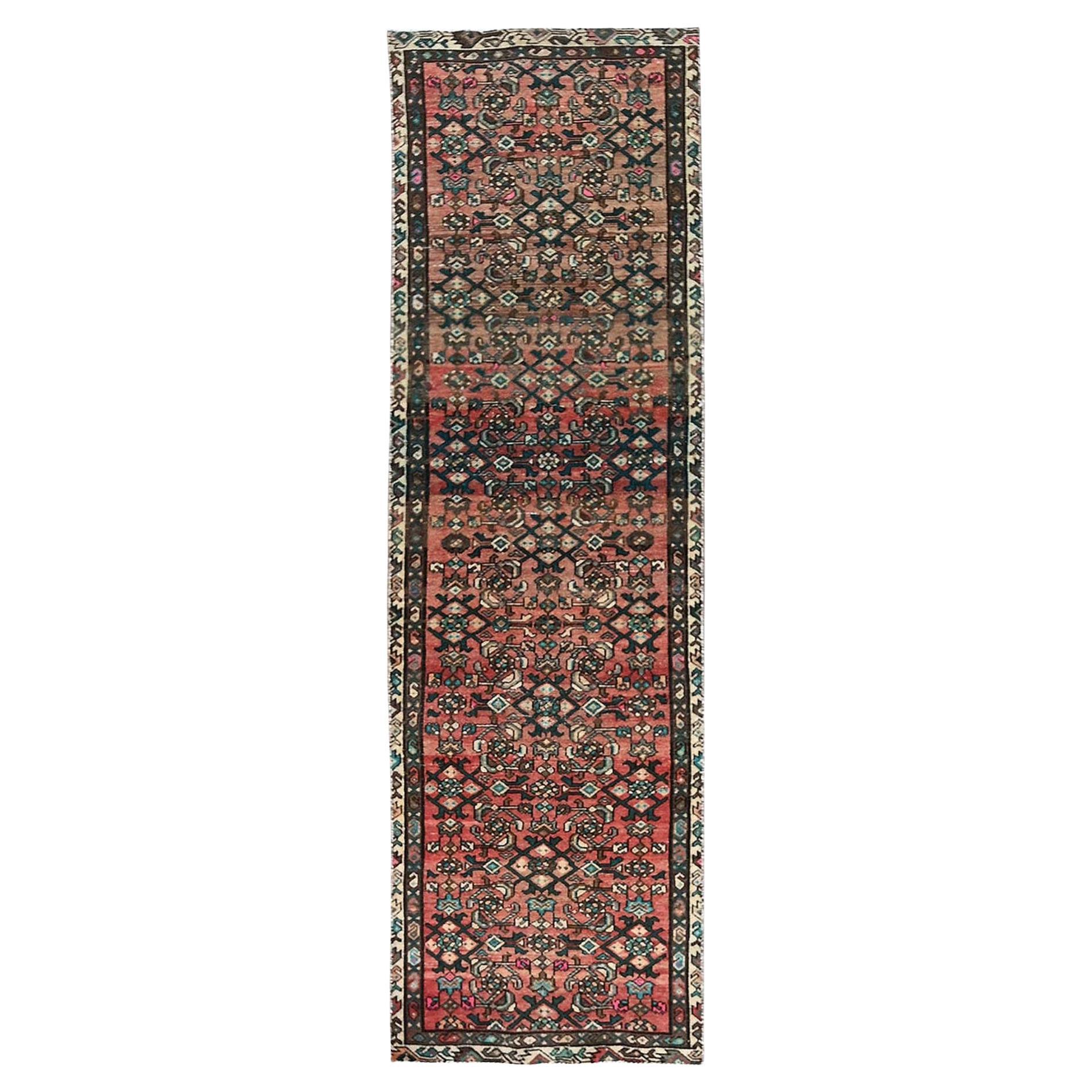 2'7"x9'1" Blush Red Vintage Persischer Hamadan Handgeknüpfter Läufer aus reiner Wolle, Vintage