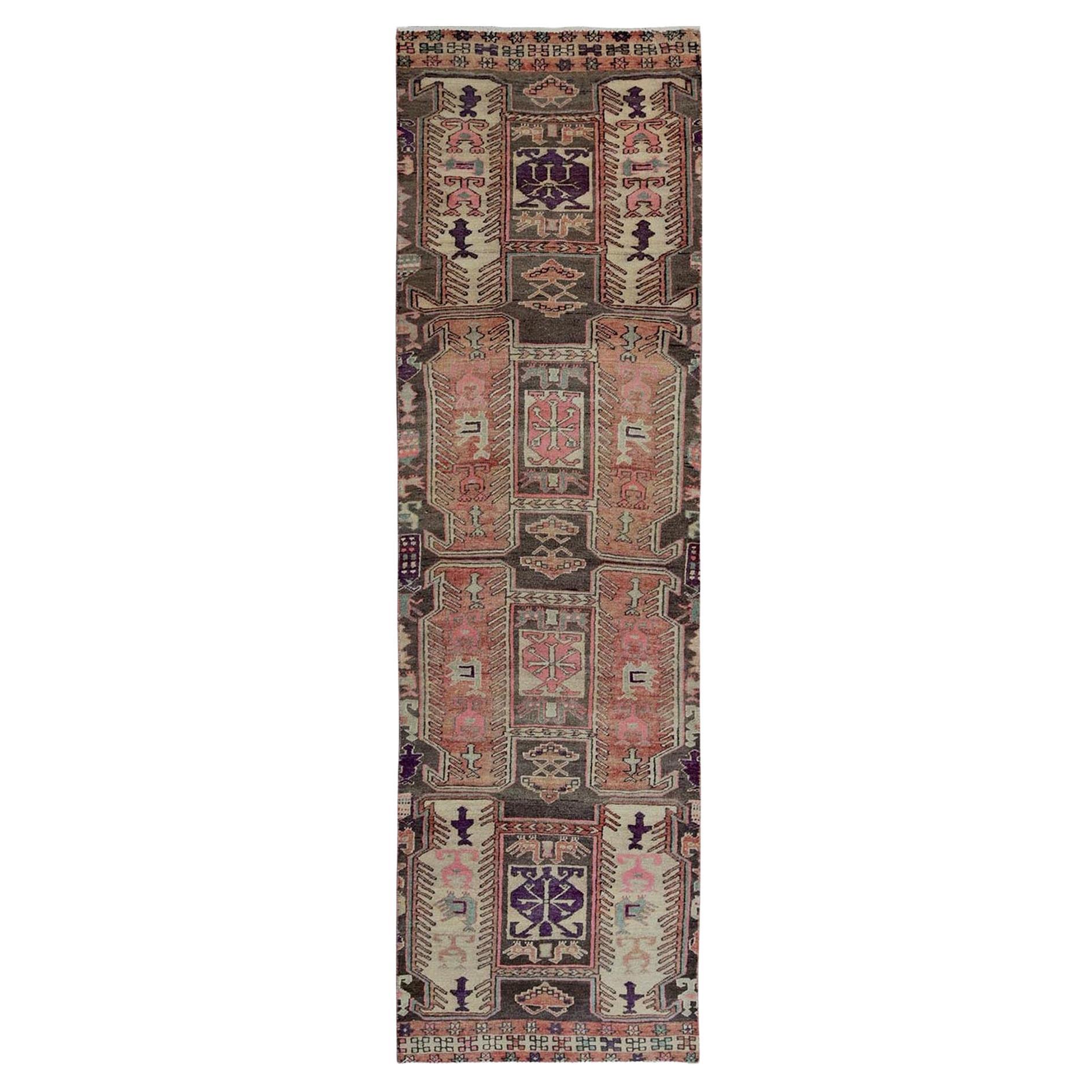 2'7"x9'1" Peach Color Vintage Persian Heriz Hand Knotted Pure Wool Runner Rug