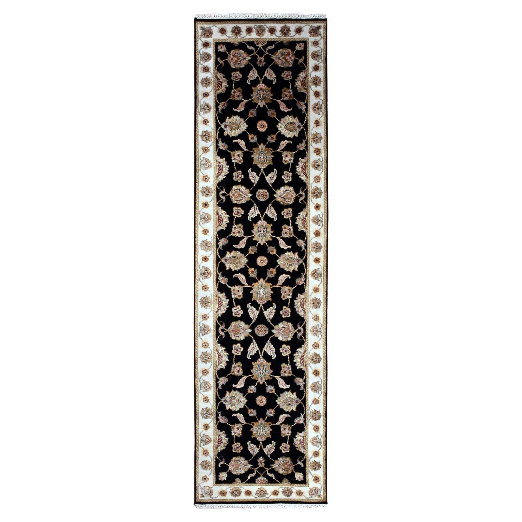 2'7 "x9'10" Tapis de course en laine et soie noire nouée à la main Rajasthan Leaf Design Rugs