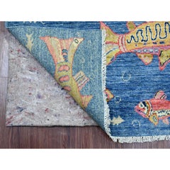 2'7 "x9'10" Blue Afghan Peshawar Oceanic Fish Design Wool Hand Knotted Runner Rugs (Tappeto da corsa in lana annodato a mano)