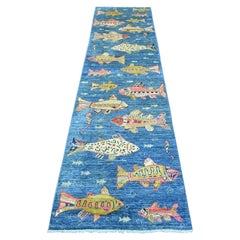 2'7 "x9'10" Blue Afghan Peshawar Oceanic Fish Design Wool Hand Knotted Runner Rugs (Tappeto da corsa in lana annodato a mano)