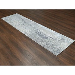 2'7"x9'10" Gray Persian Knot Abstract Design Wool & Silk Hand Knotted Runner Rug