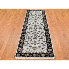 2'7"x9'10" Ivory Rajasthan Wool and Silk Floral Design Hand Knotted Runner Rug