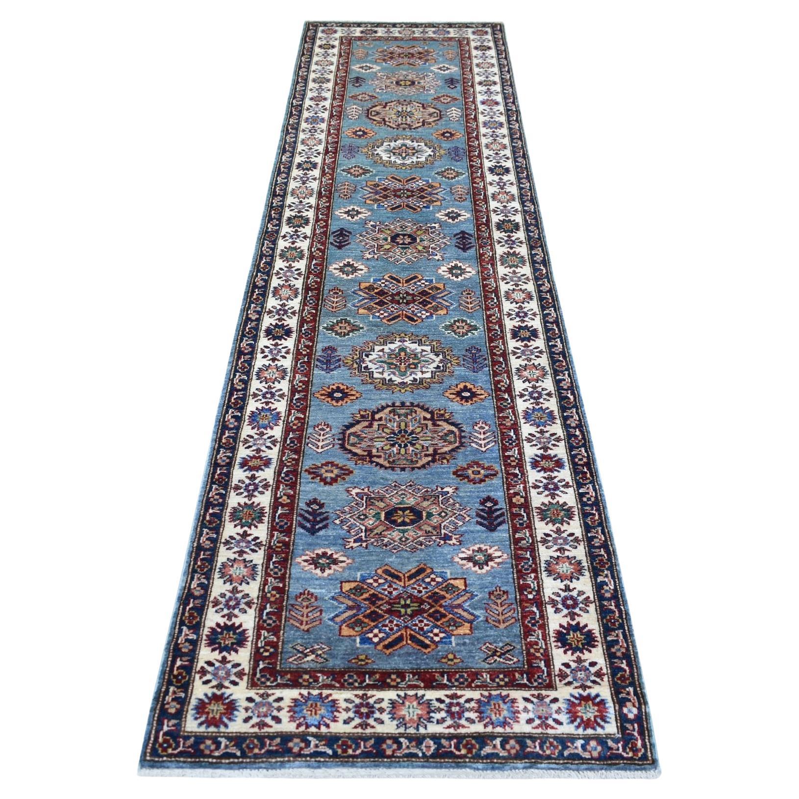 2'7 "x9'10" Hellblau, Afghan Super Kazak Handgeknüpfter Läufer aus reiner Wolle im Angebot