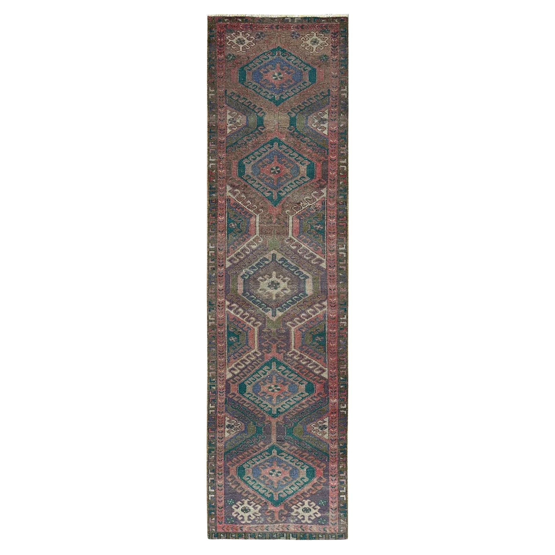 2'7 "x9'10" Rosa Sovratinto Vintage Persiano Hamadan Tappeto Runner in Lana Annodato a Mano