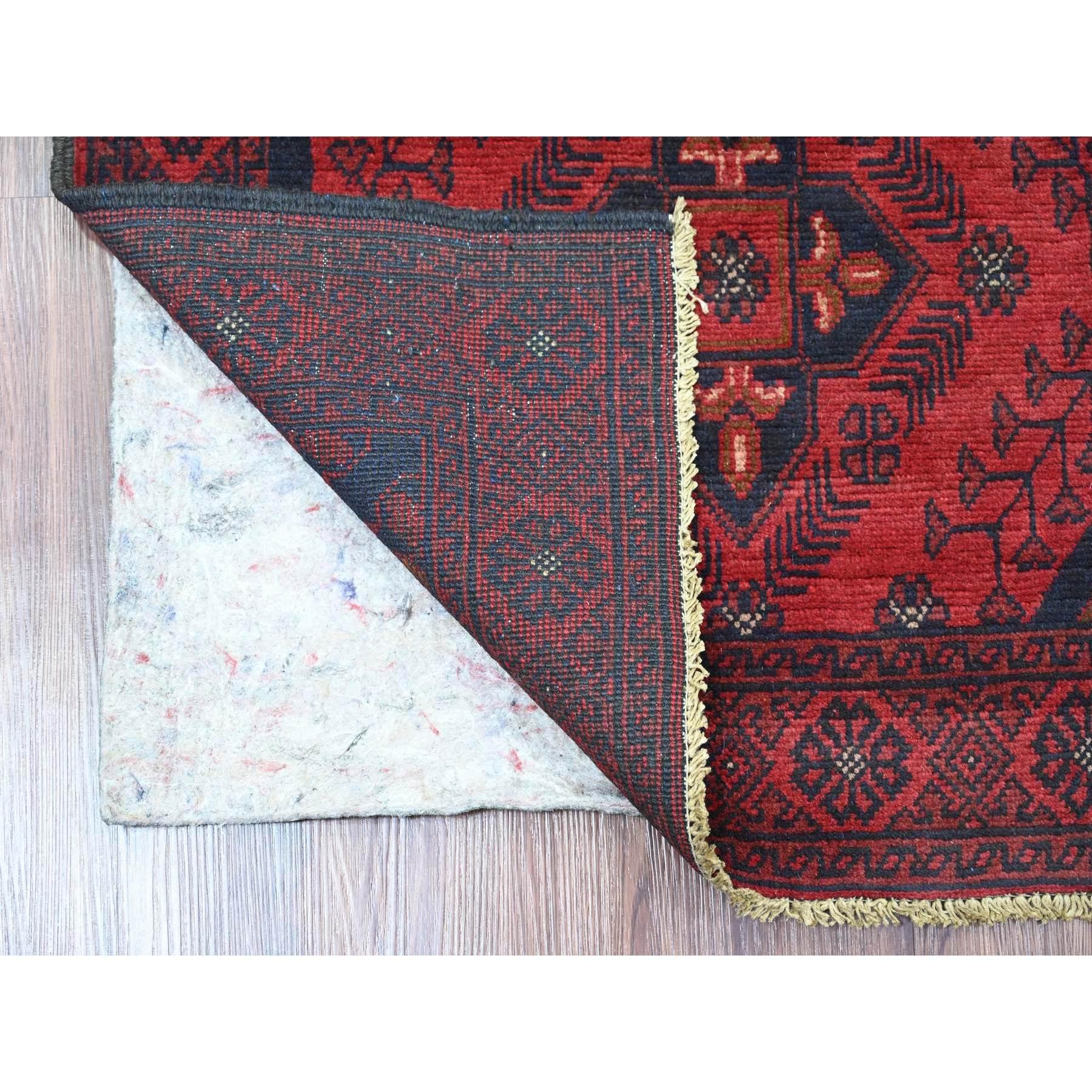 Crimson Red, Hand Knotted, Afghan Andkhoy with Geometric Design, Soft and Velvety Wool, Runner, Oriental Rug
Primary materials: Wool
Latex: No Pile 
height: 0.25 Inches
Style: Traditional
Primary color: Red
Secondary colors: Brown, Midnight Blue,