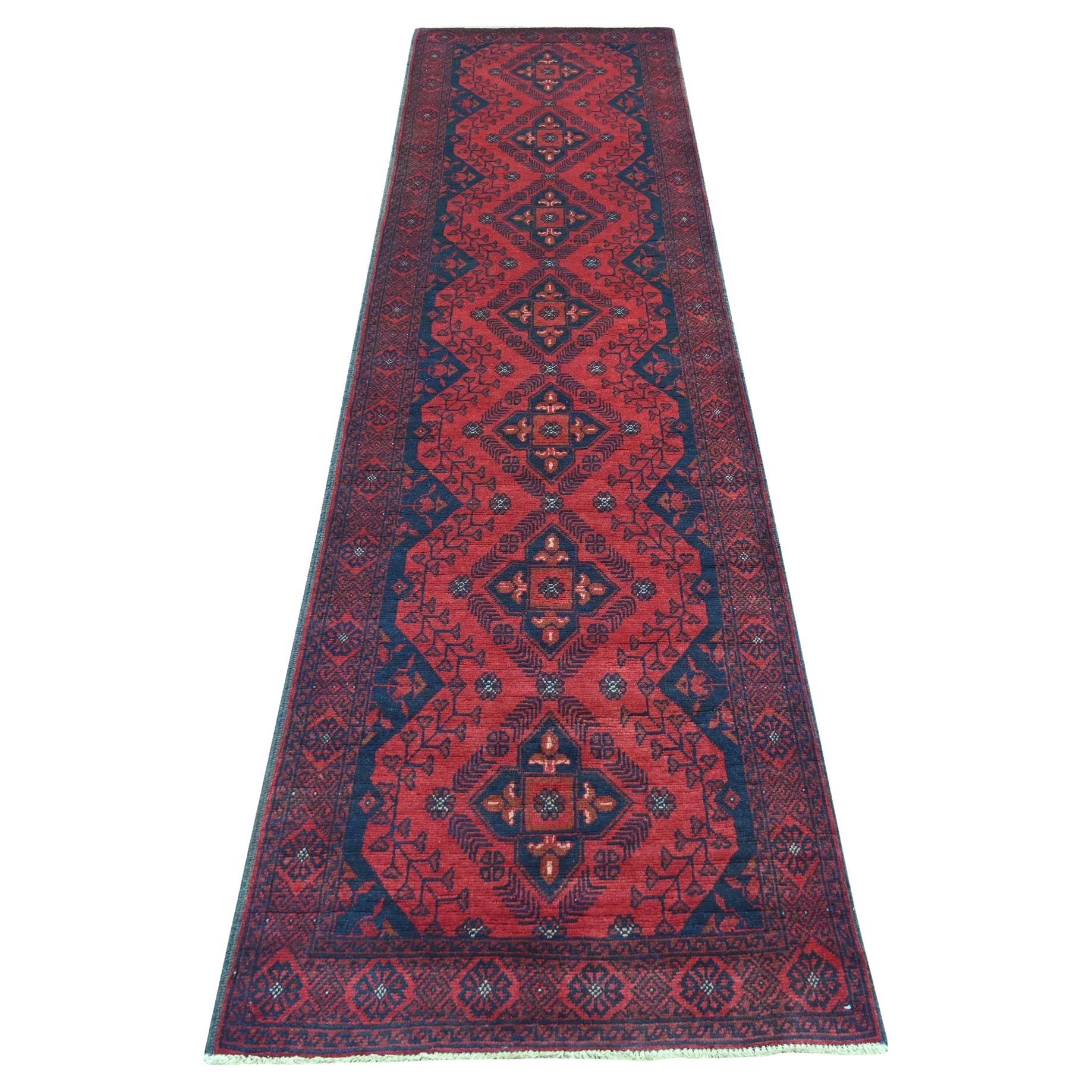 2
7 "x9
10" Tapis de course en laine nouée à la main rouge Afghan Andkhoy avec design géométrique