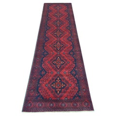 2
7 "x9
10" Tapis de course en laine nouée à la main rouge Afghan Andkhoy avec design géométrique