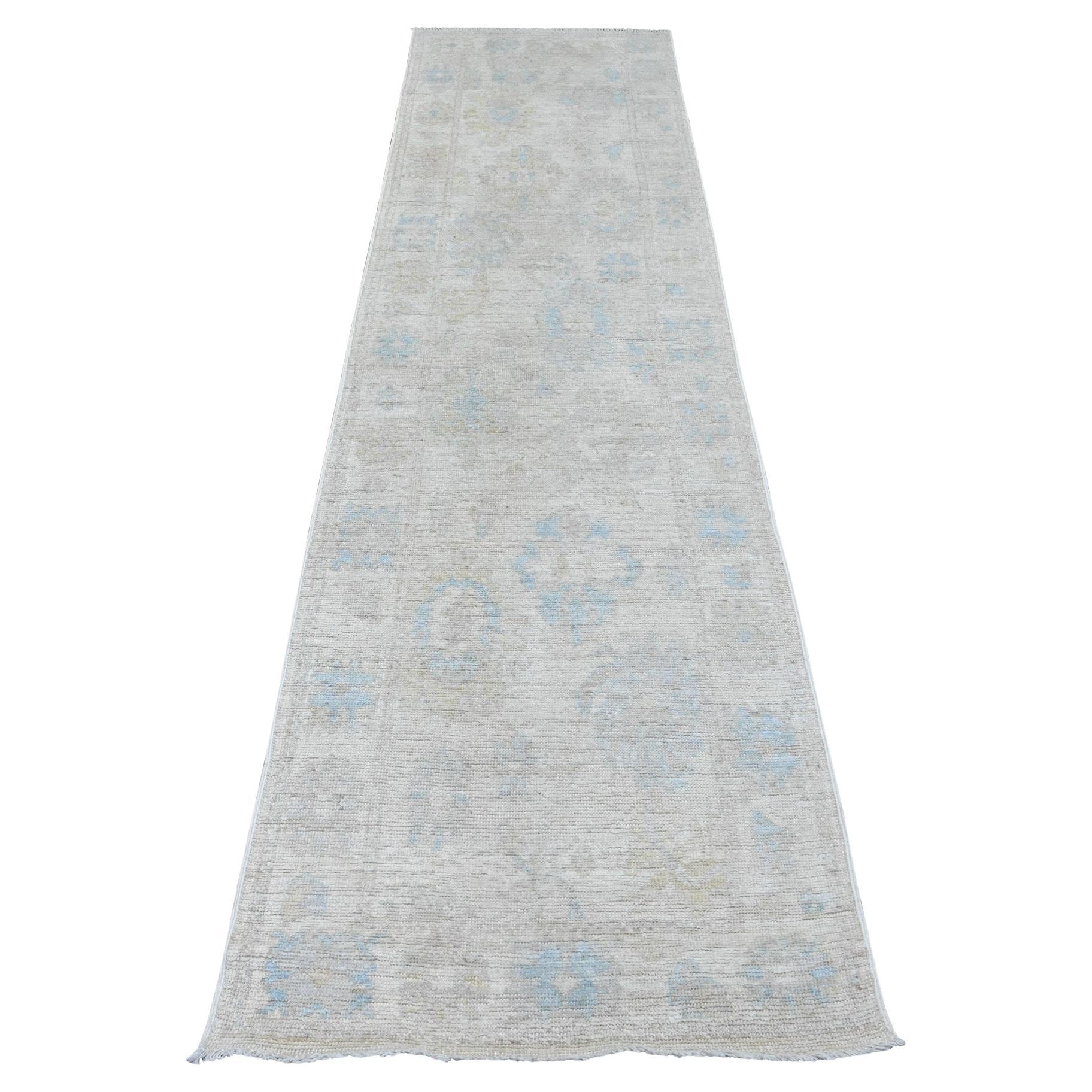 2'7 "x9'10" Blanco Angora Afgana Oushak Diseño de Hojas Alfombra de Lana Anudada a Mano