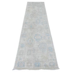 2'7 "x9'10" Blanco Angora Afgana Oushak Diseño de Hojas Alfombra de Lana Anudada a Mano