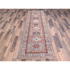 2'7"x9'3" Gray Hand Knotted Densely Woven Kazak Runner Wool Oriental Rug