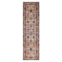 2'7"x9'5" Beige Afghan Sultani Flower Blossom Hand Knotted 100% Wool Runner Rug