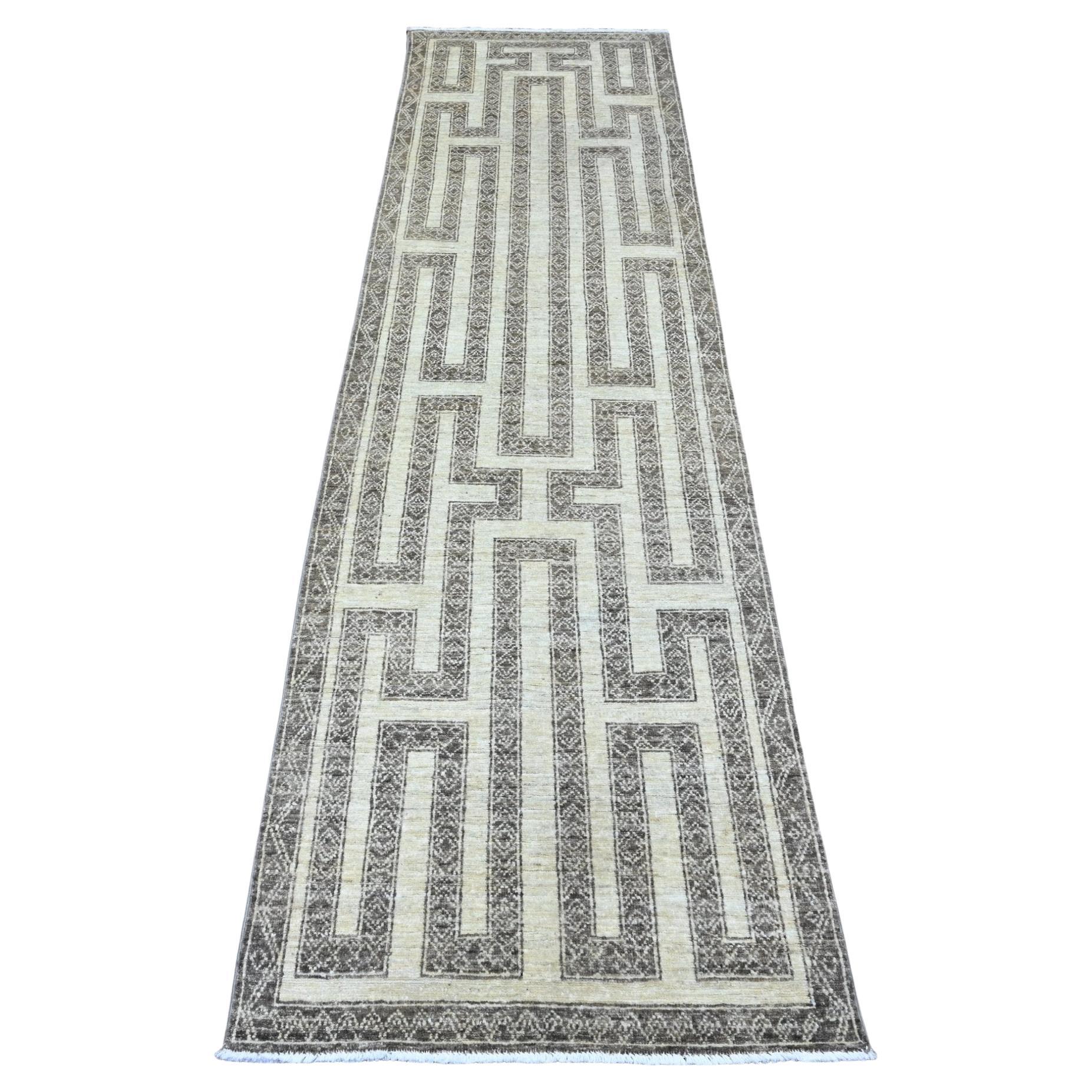 2'7"x9'5" Brown Berber Influence Maze Design Hand Knotted Pure Wool Runner Rug