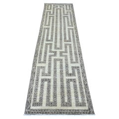 2'7"x9'5" Brown Berber Influence Maze Design Hand Knotted Pure Wool Runner Rug