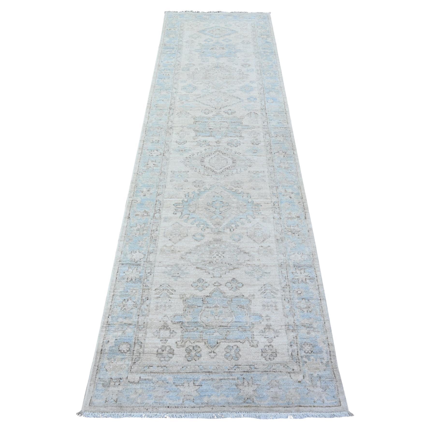 2'7"x9'5" Cloud White, Hand Knotted, Soft Wool, White Wash Peshawar Runner Rug