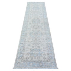 2'7"x9'5" Cloud White, Hand Knotted, Soft Wool, White Wash Peshawar Runner Rug