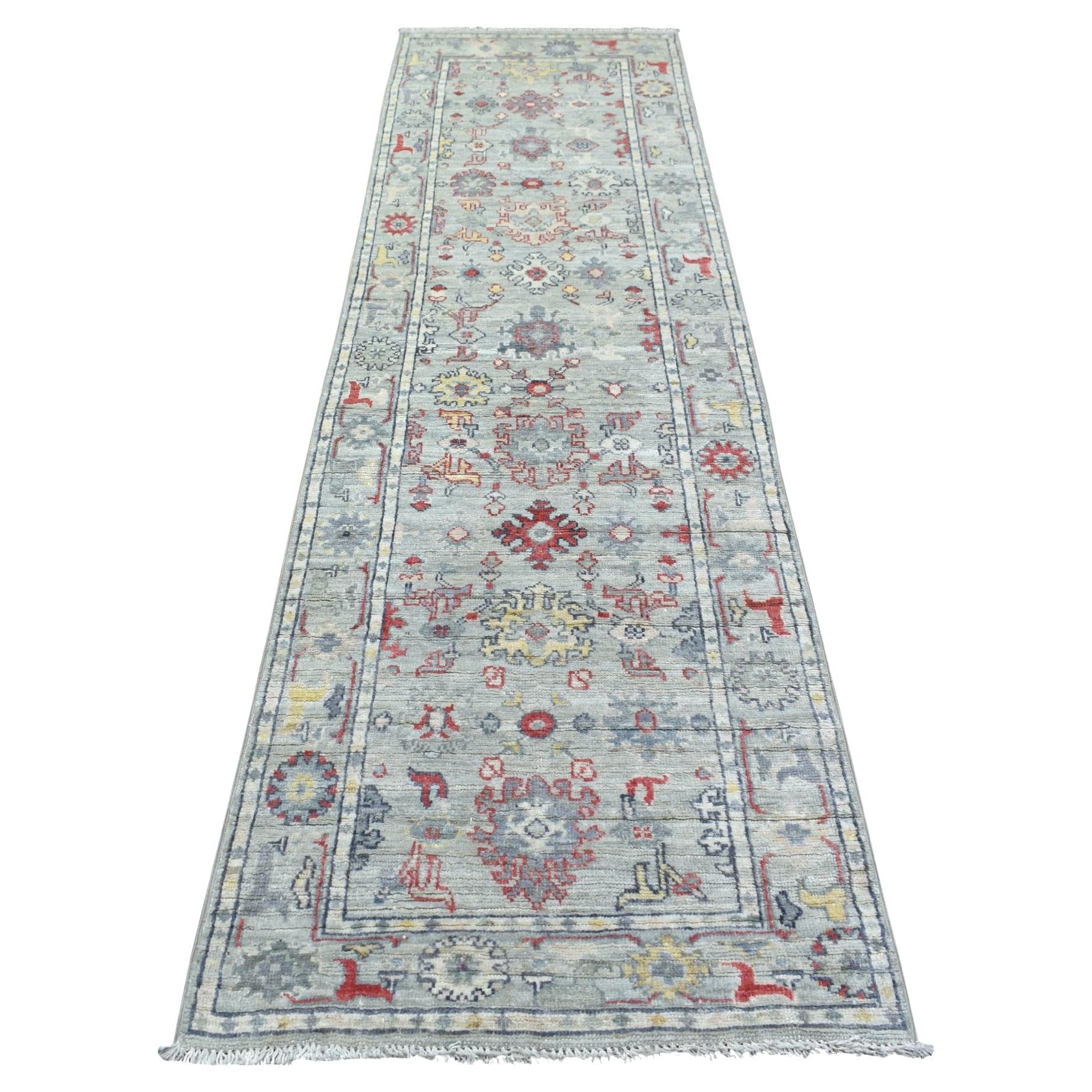 2'7"x9'5" Light Gray All Over Design Angora Oushak Hand Knotted Wool Runner Rug