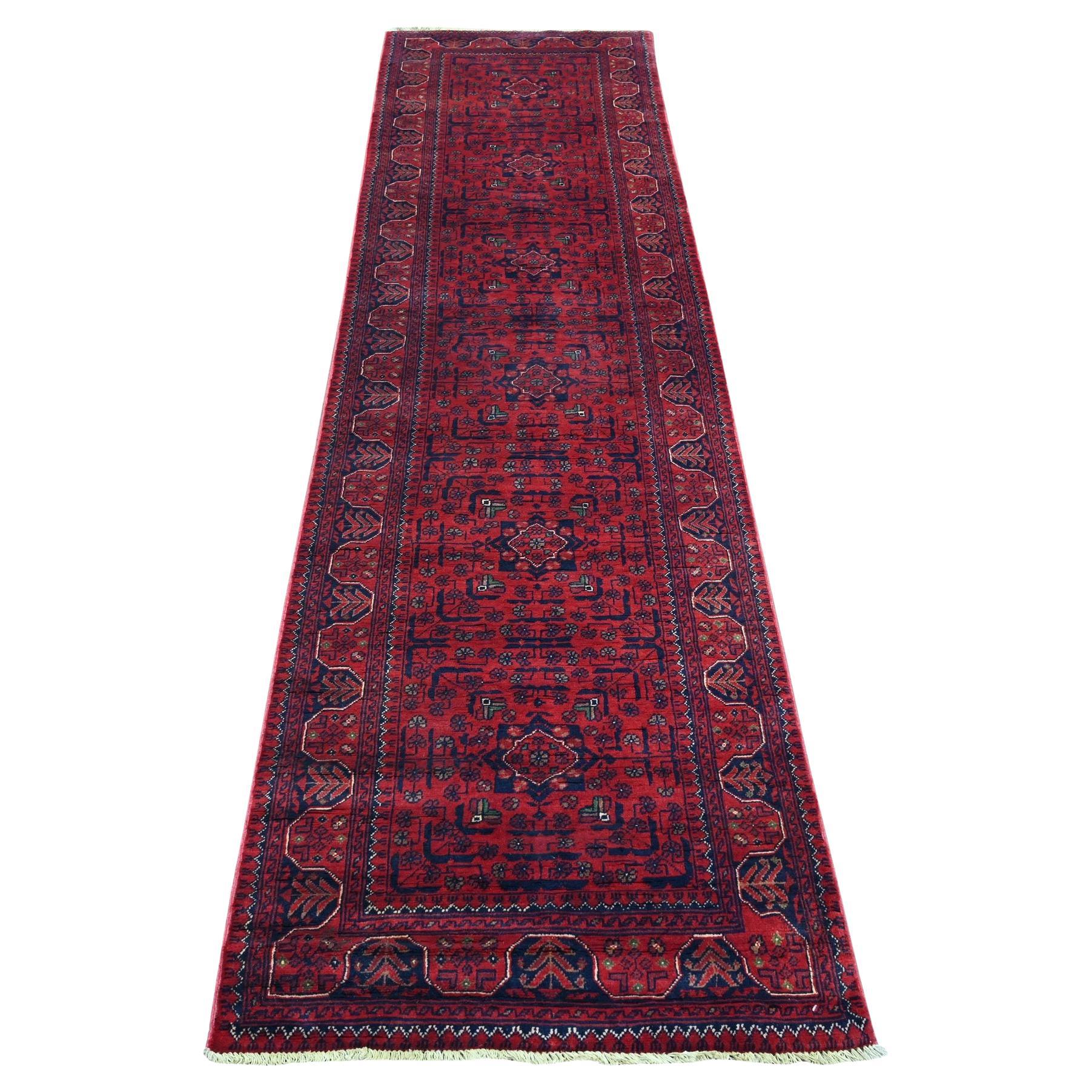 2'7"x9'5" Red Afghan Khamyab Geometric Pattern Soft Wool Hand Knotted Runner Rug
