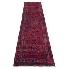 2'7"x9'5" Red Afghan Khamyab Geometric Pattern Soft Wool Hand Knotted Runner Rug