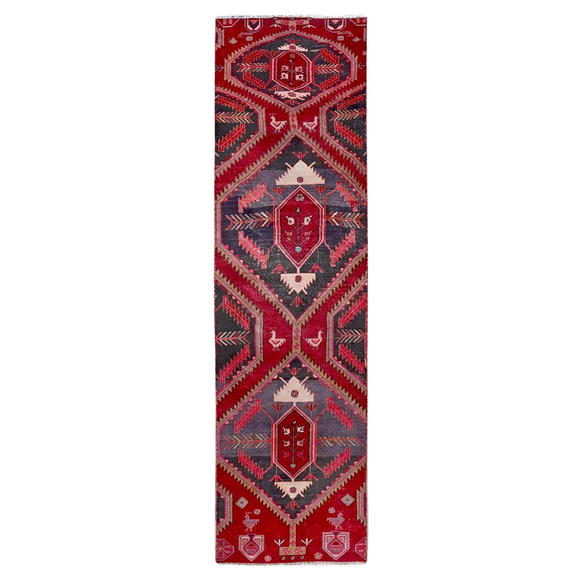 2'7"x9'5" Roter persischer Hamadan- orientalischer Vintage-Läufer aus reiner Wolle, handgeknüpft, Vintage