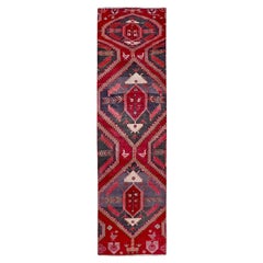 2'7"x9'5" Red Vintage Persian Hamadan Hand Knotted Pure Wool Runner Oriental Rug