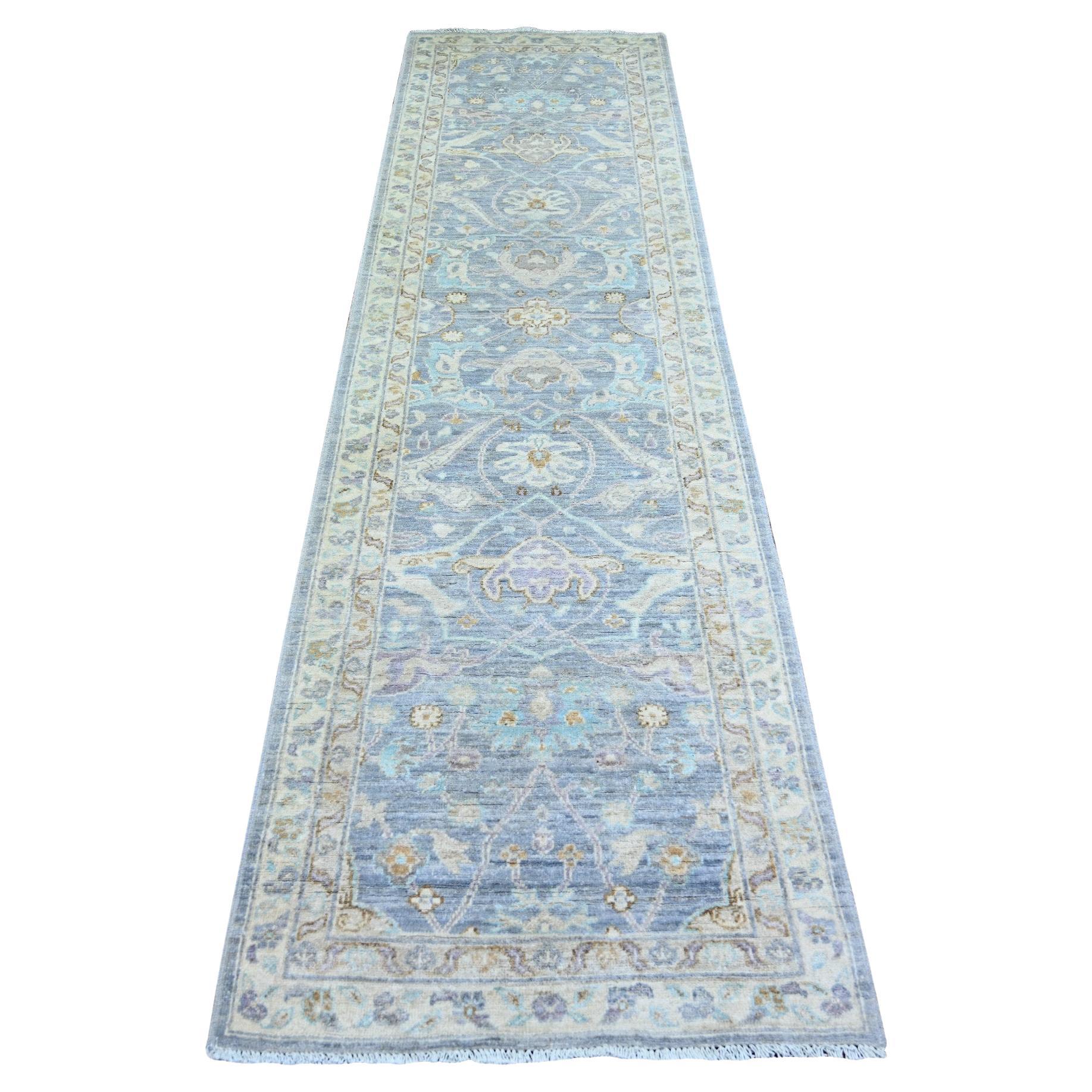 2'7 "x9'6" Ägäis Blau Feiner Peshawar Weiche Wolle Handgeknüpft Läufer Orientteppich im Angebot