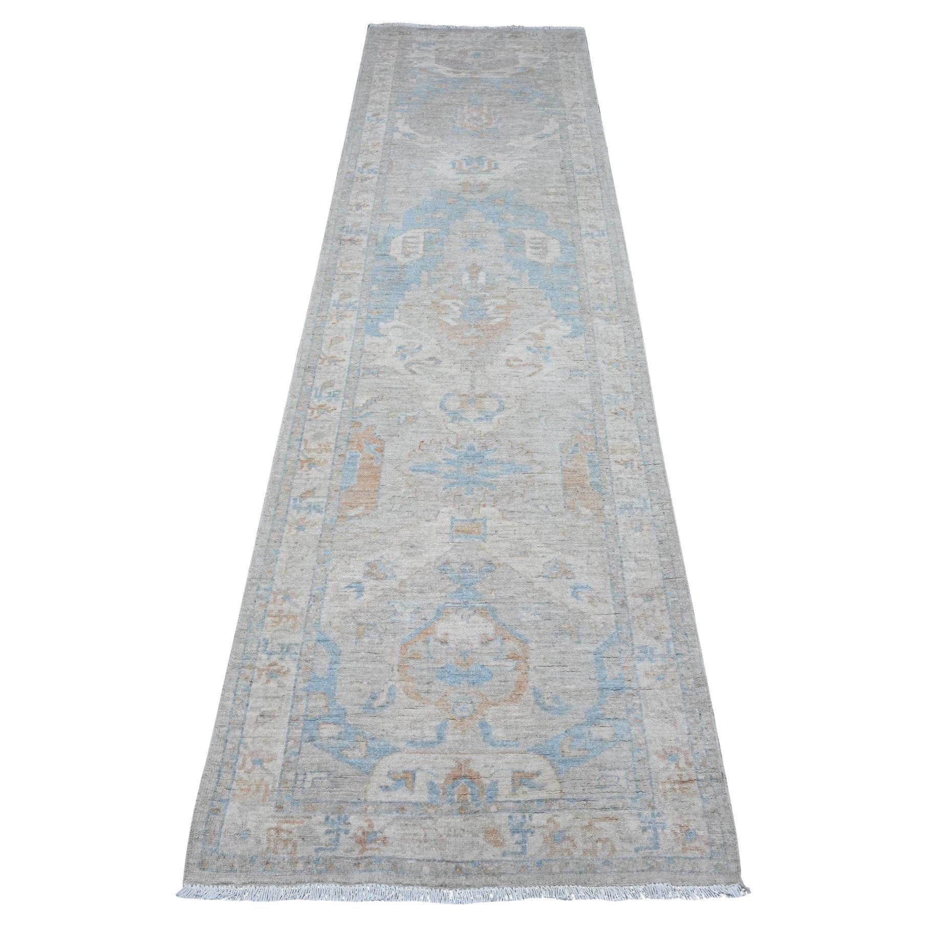 2'7"x9'6" Ice Cube Gray Natural Wool Fine Aryana Peshawar Runner Oriental Rug For Sale