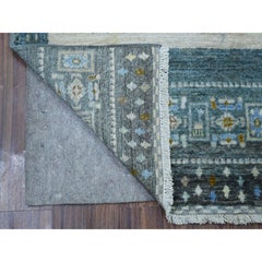 2'7"x9'6" Light Blue Folk Art Kashkuli Gabbeh Pure Wool Hand-Knotted Runner Rug