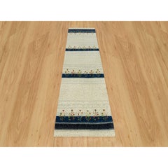 2'7"x9'6" Retro White Lori Buft Gabbeh Tree Design 100% Wool Runner Oriental Rug