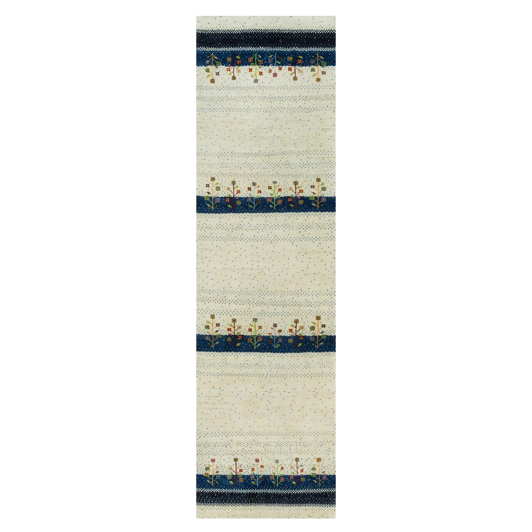 2'7"x9'6" Retro Weißer Lori Buft Gabbeh Baum Design 100% Wolle Läufer Orientalischer Teppich