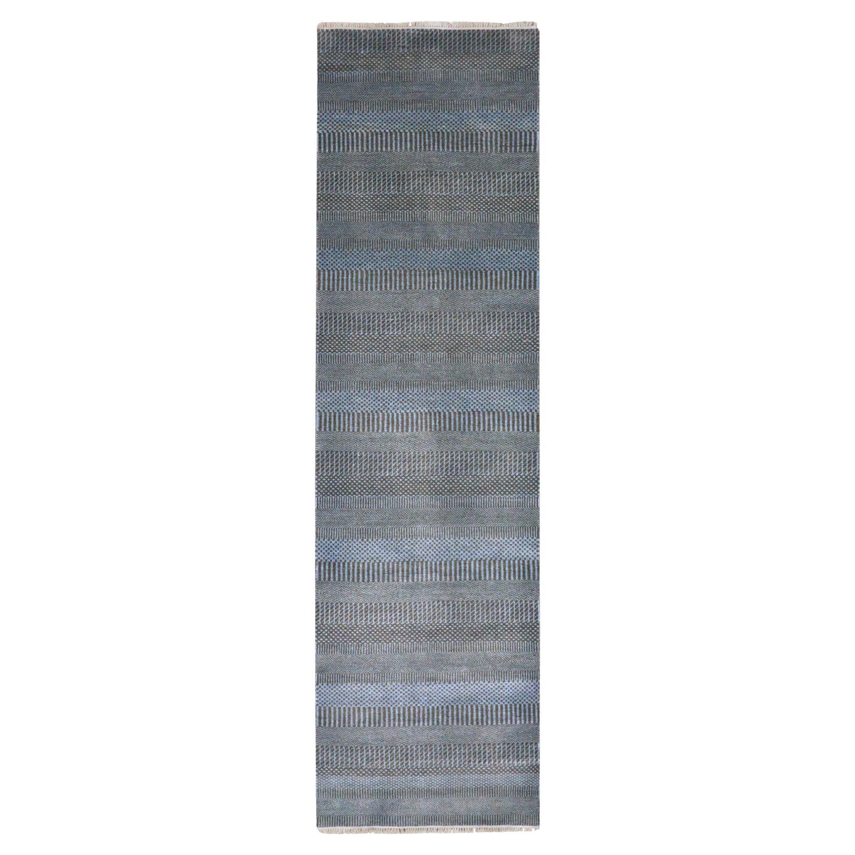2
7"x9
6" Ruddy Blue Hand Knotted Grass Design Dyed Wool and Silk Runner Rug