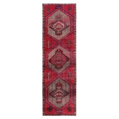 2'7"x9'7" Berry Red Overdyed Vintage Persian Serab Hand Knotted Wool Runner Rug